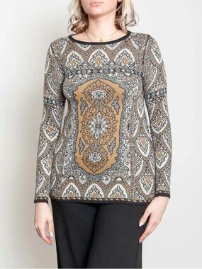 Twin-Set Long Sleeve Wool Medallion Print Top in Tan and Black